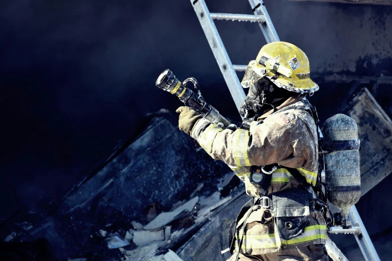 a firefighter standing on a ladder in front of a building, a photo, pexels, figuration libre, smoke and debris, avatar image, super detailed image, instagram picture