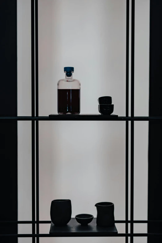 a bottle of liquid sitting on top of a shelf, by Jan Tengnagel, purism, black show room, capsule hotel, perfume, hasselblad