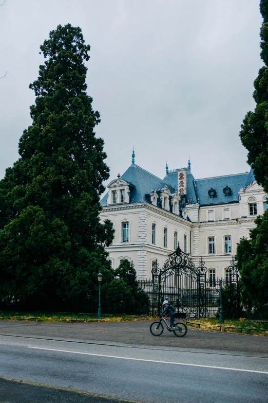 a large white building sitting on the side of a road, inspired by Mihály Munkácsy, unsplash contest winner, art nouveau, spooky mansion, bicycle in background, slovakia, parks and gardens