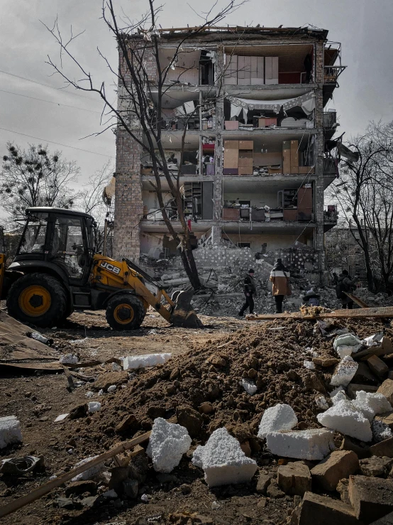 a bulldozer sitting on top of a pile of rubble, by Mathias Kollros, reddit, meni chatzipanagiotou, in the center of the image, anna nikonova, february)