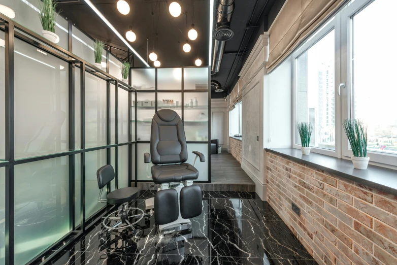 a chair sitting in a room next to a window, suspended ceiling, hairworks, thumbnail, neo kyiv