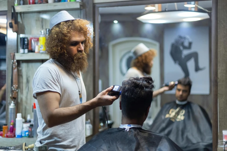 a man getting his hair cut at a barber shop, by Julia Pishtar, pexels contest winner, les nabis, cairo, thumbnail, curls, profile image