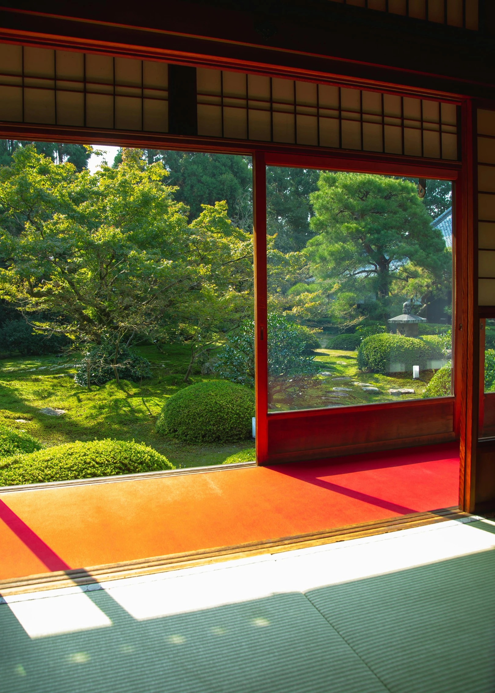 a room with a view of a garden, inspired by Sesshū Tōyō, trending on unsplash, sōsaku hanga, full frame image, full sun, tourist photo, masterpiece!