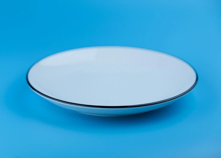 a white plate on a blue background, by Jan Rustem, unsplash, enamel, clean black outlines, 4k product shot, angled