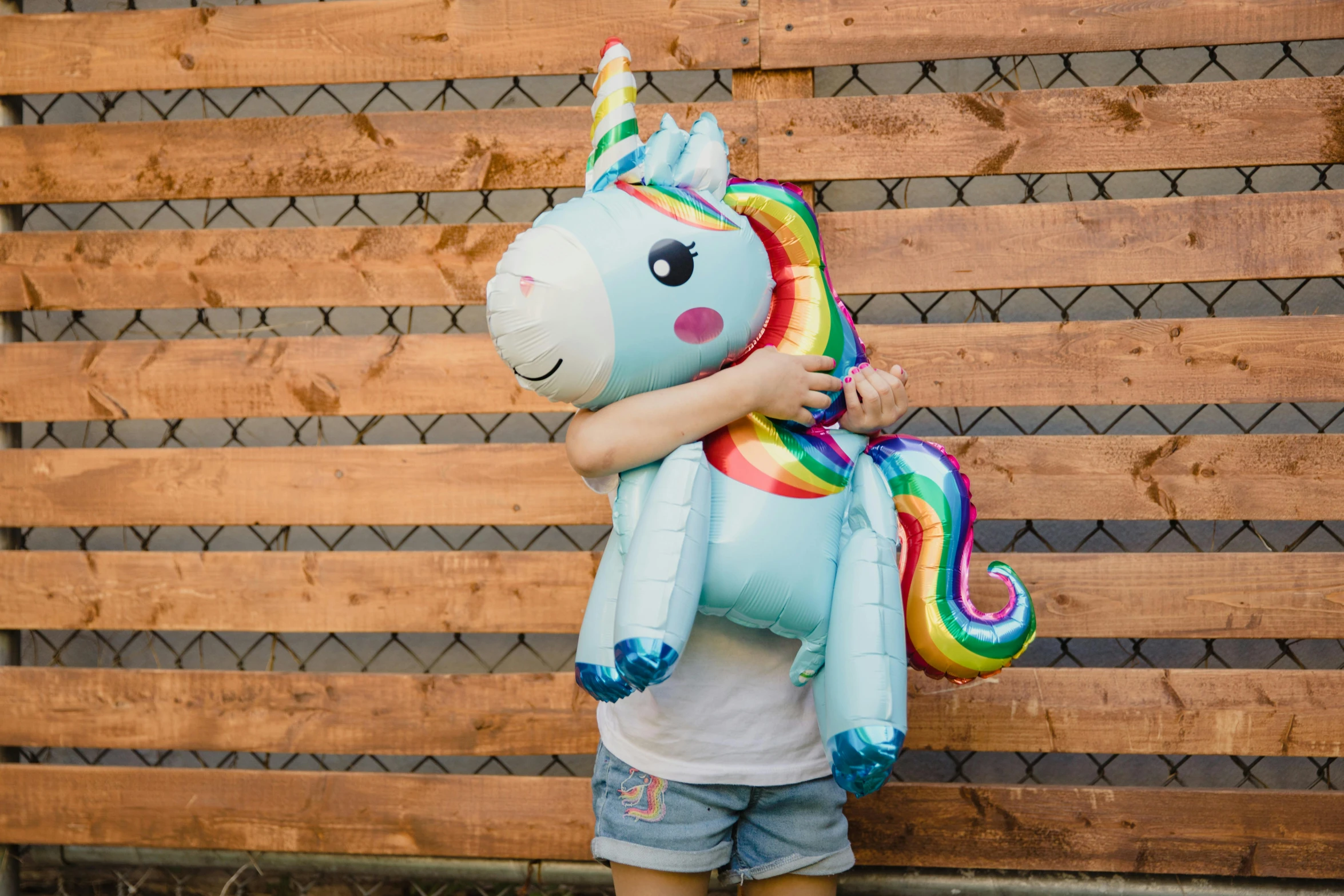 a little girl holding a stuffed unicorn in front of a fence, a cartoon, unsplash, party balloons, inflatable, multi colour, flat lay