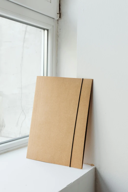 a cardboard box sitting on top of a window sill, an album cover, by Harvey Quaytman, postminimalism, clipboard, 62 x 47 inches, sustainable materials, 2d side view