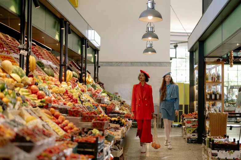 a couple of women standing next to each other in a store, by Anita Malfatti, pexels, hyperrealism, fresh food market people, wearing red and yellow clothes, vogue italia, inside a grand