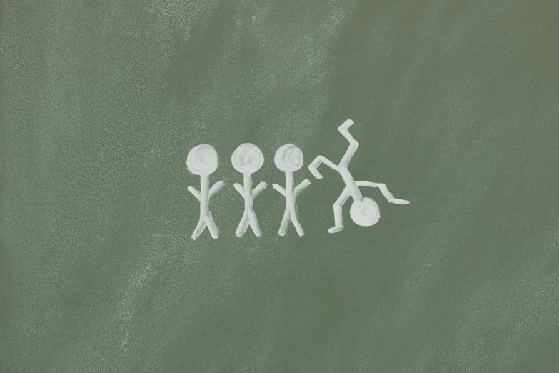 a chalk drawing of a group of people on a blackboard, dribble, spoon slim figure, on a gray background, cycling!!, insibidi symbols