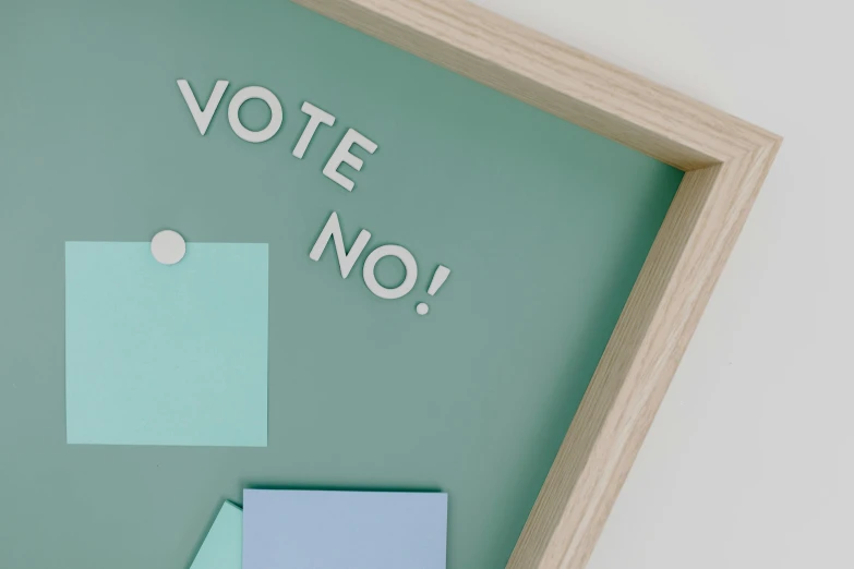 a picture of a sign that says vote no, by Arabella Rankin, trending on tumblr, pastel green, on a wooden tray, design award, dezeen