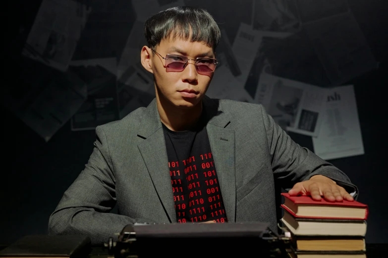 a man sitting at a desk with a typewriter, an album cover, inspired by Ding Guanpeng, unsplash, style of the matrix, he is a long boi ”, casually dressed, against dark background
