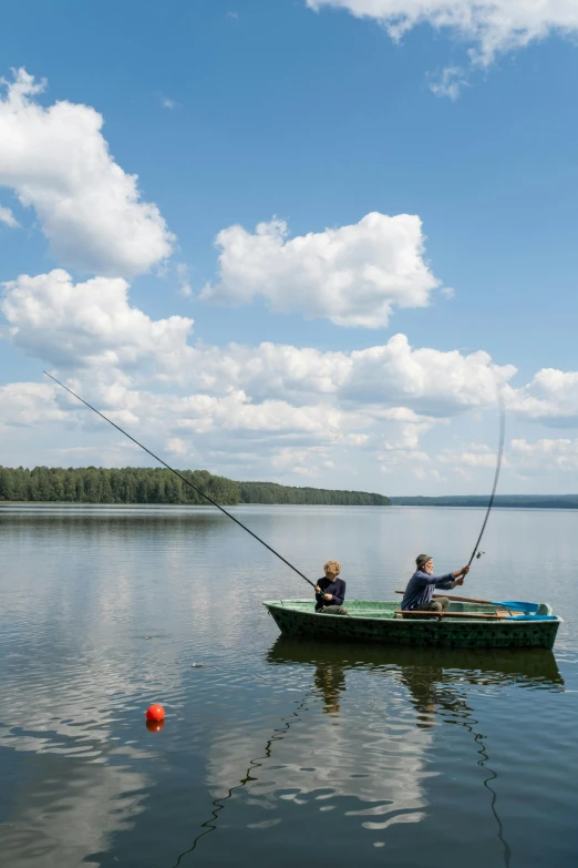 two people fishing in a small boat on a lake, by Eero Järnefelt, pexels contest winner, frans lanting, sunny day time, cel shad, camp