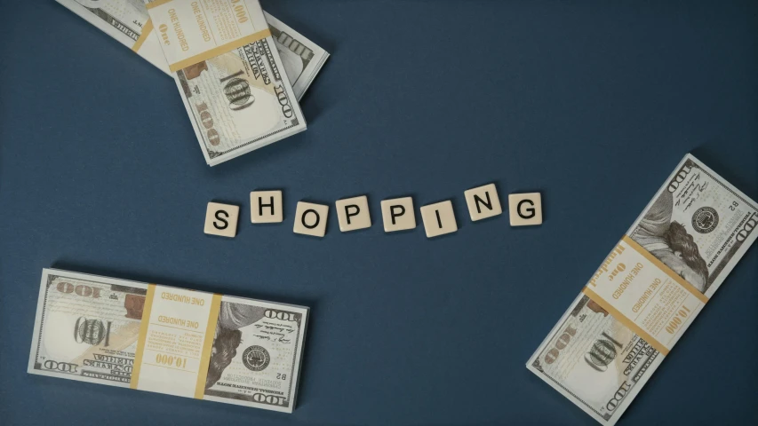 a bunch of money sitting on top of a table, people shopping, funny jumbled letters, malls, looping