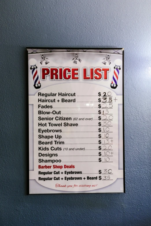 a price list hanging on the wall of a barber shop, a photo, by Robert Thomas, reddit, 3 dimensional, crisp smooth lines, bearded, oc