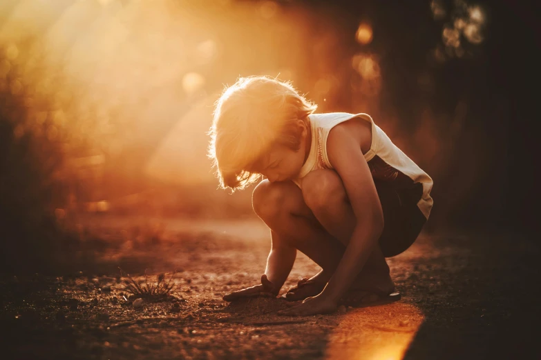 a little girl that is kneeling down in the dirt, pexels contest winner, australian tonalism, light over boy, warm sunlight shining in, 15081959 21121991 01012000 4k, ilustration