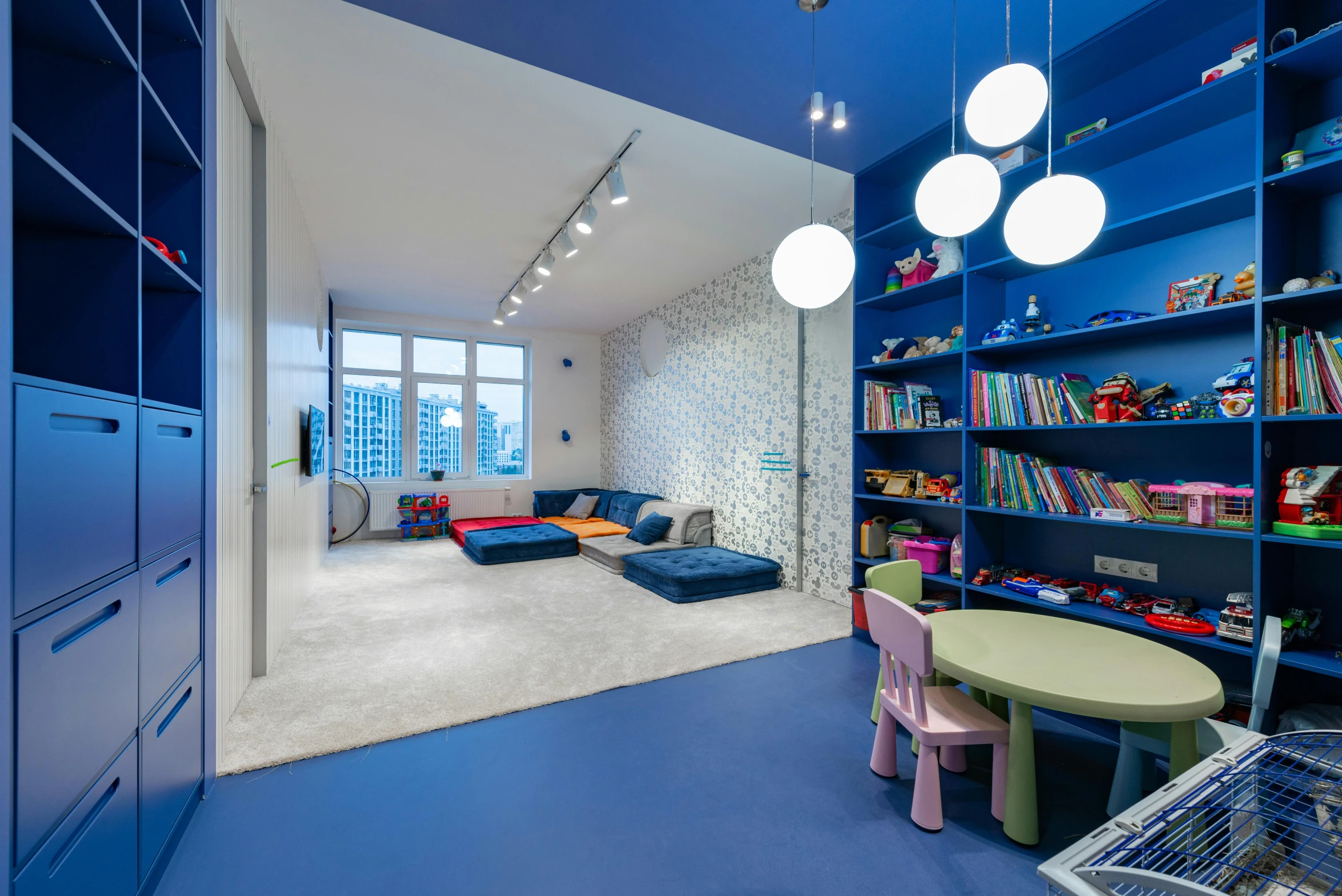 a room filled with lots of blue bookshelves, unsplash contest winner, cyberpunk childrens bedroom, luxury condo interior, blue slide park, athletic build