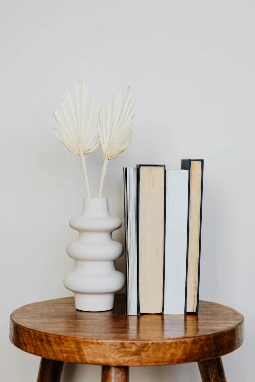 a white vase sitting on top of a wooden table, by Jessie Algie, unsplash, folk art, book shelves, palm lines, cream and white color scheme, a pair of ribbed