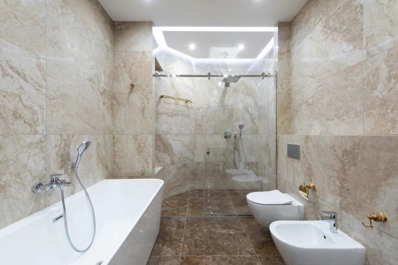 a bath room with a toilet a sink and a bath tub, by Alexander Fedosav, unsplash, 4k ultra realistic, stone and glass and gold, anna nikonova aka newmilky, brown and white color scheme
