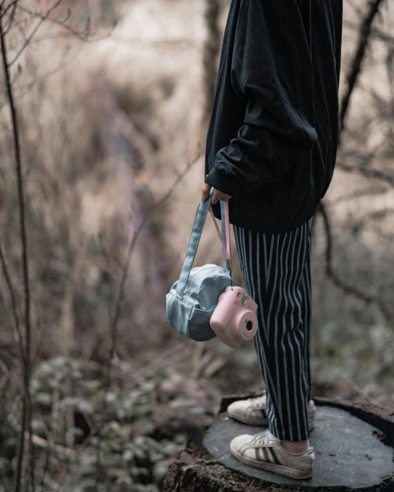 a person standing on top of a tree stump, by Emma Andijewska, unsplash, graffiti, childrens toy, holster, pink and grey muted colors, full body potrait holding bottle