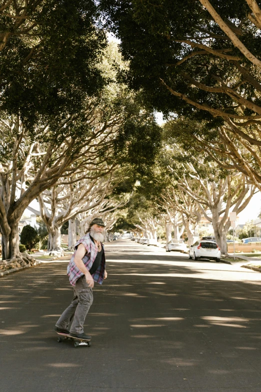 a man riding a skateboard down a tree lined street, a picture, by Pamela Drew, unsplash, happening, eucalyptus, old man, oceanside, background image