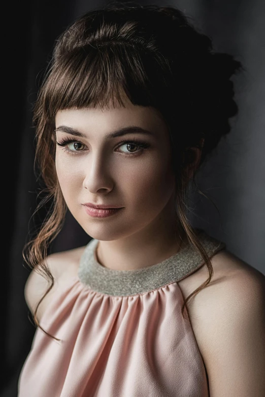 a woman in a pink dress posing for a picture, a character portrait, by Adam Marczyński, pexels contest winner, art nouveau, sasha grey, center parted bangs, color photograph portrait 4k, 🤤 girl portrait