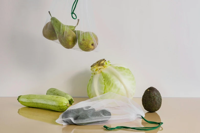 a bunch of vegetables sitting on top of a table, fluid bag, curated collection, light green mist, hanging