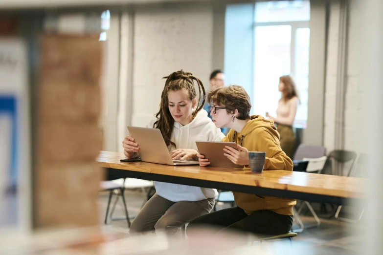 a couple of people sitting at a table with a laptop, by Nicolette Macnamara, trending on pexels, school class, teenage girl, coding, lachlan bailey