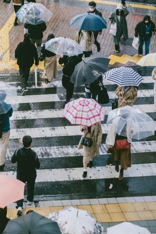 a group of people walking across a street holding umbrellas, by Yasushi Sugiyama, trending on unsplash, rinko kawauchi, crosswalks, 🚿🗝📝