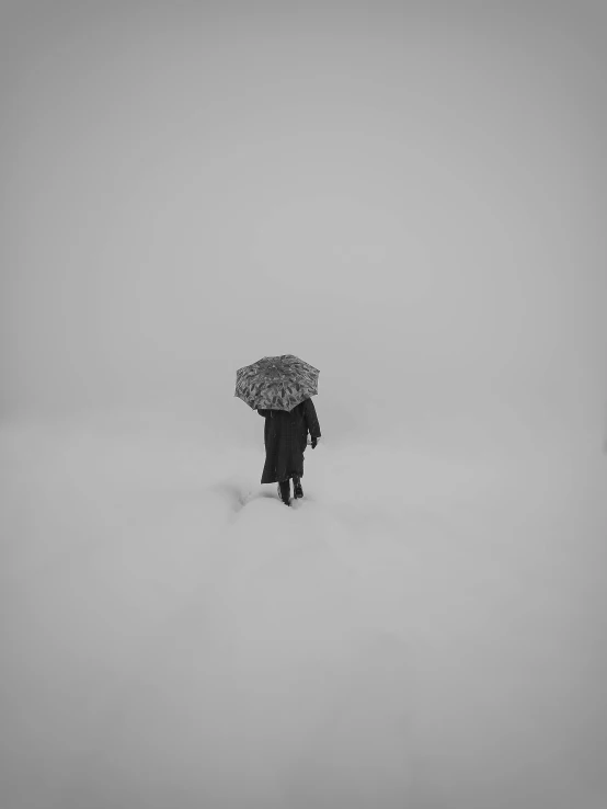 a person standing in the snow with an umbrella, a black and white photo, by Nathalie Rattner, conceptual art, dense volumetric fog, photograph ”, photograph”