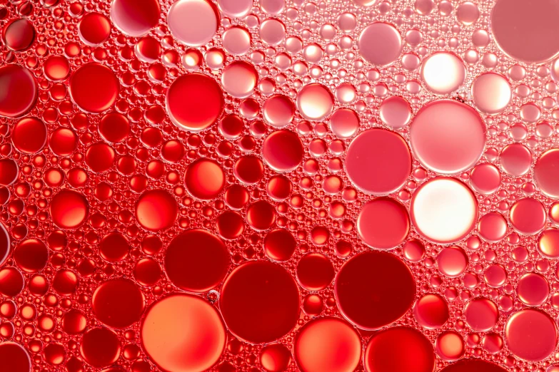 a bunch of bubbles sitting on top of a red surface, a microscopic photo, inspired by Kusama, shutterstock, cooking oil, plastic texture, shades of red, organic liquid metal