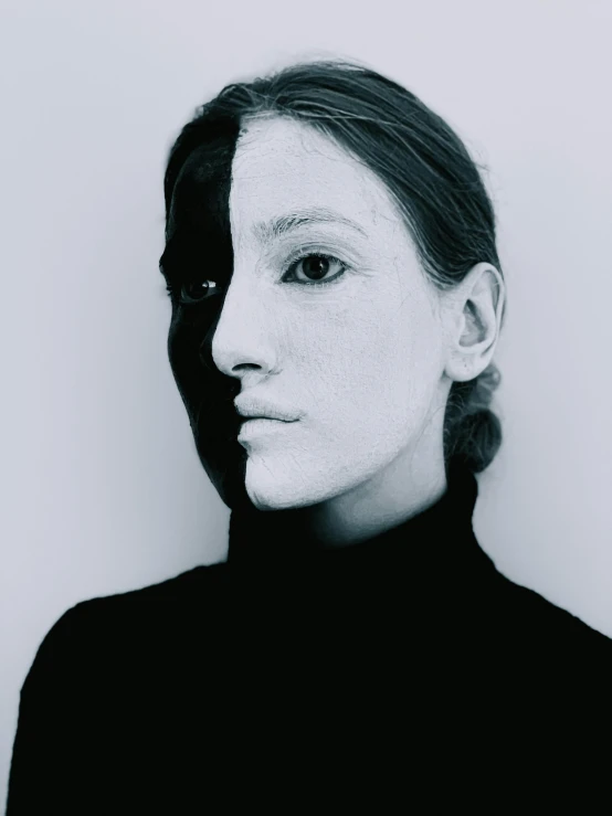 a black and white photo of a woman with a painted face, a black and white photo, inspired by Anna Füssli, image split in half, face covered, an ai generated image, ilustration