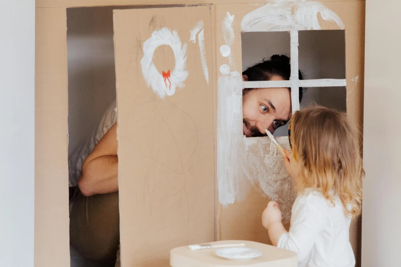 a man and a little girl in a cardboard box, a child's drawing, pexels contest winner, interactive art, painting for a wall, cardboard tunnels, handsome, tiny house