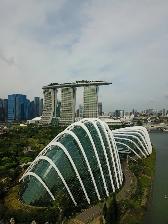 a very tall building next to a body of water, the singapore skyline, vegetated roofs, instagram post, with great domes and arches