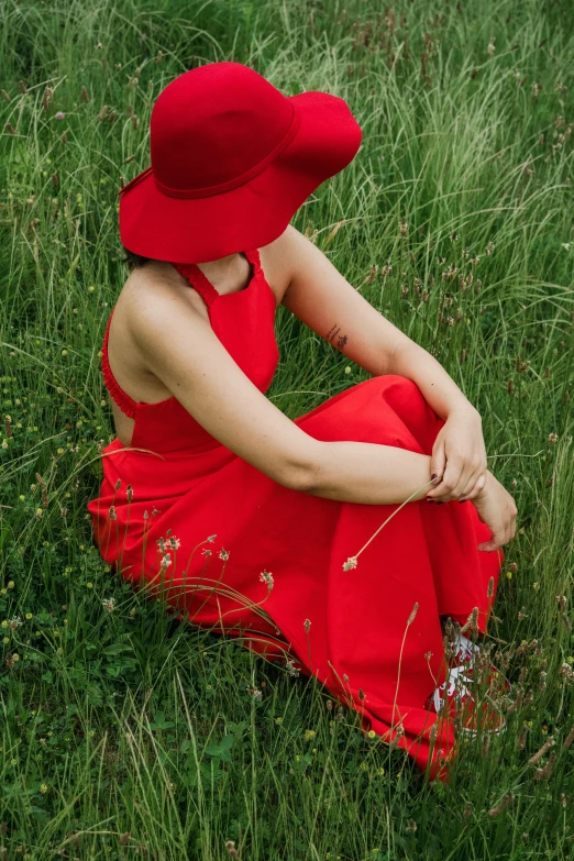 a woman in a red dress and a red hat sitting in a field, curated collections, multiple stories, julia sarda, sleeveless