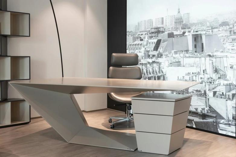 a desk with a chair in front of a picture of a city, inspired by Zaha Hadid, dau-al-set, office furniture, 9 9 designs, titanium, photorealistic ”