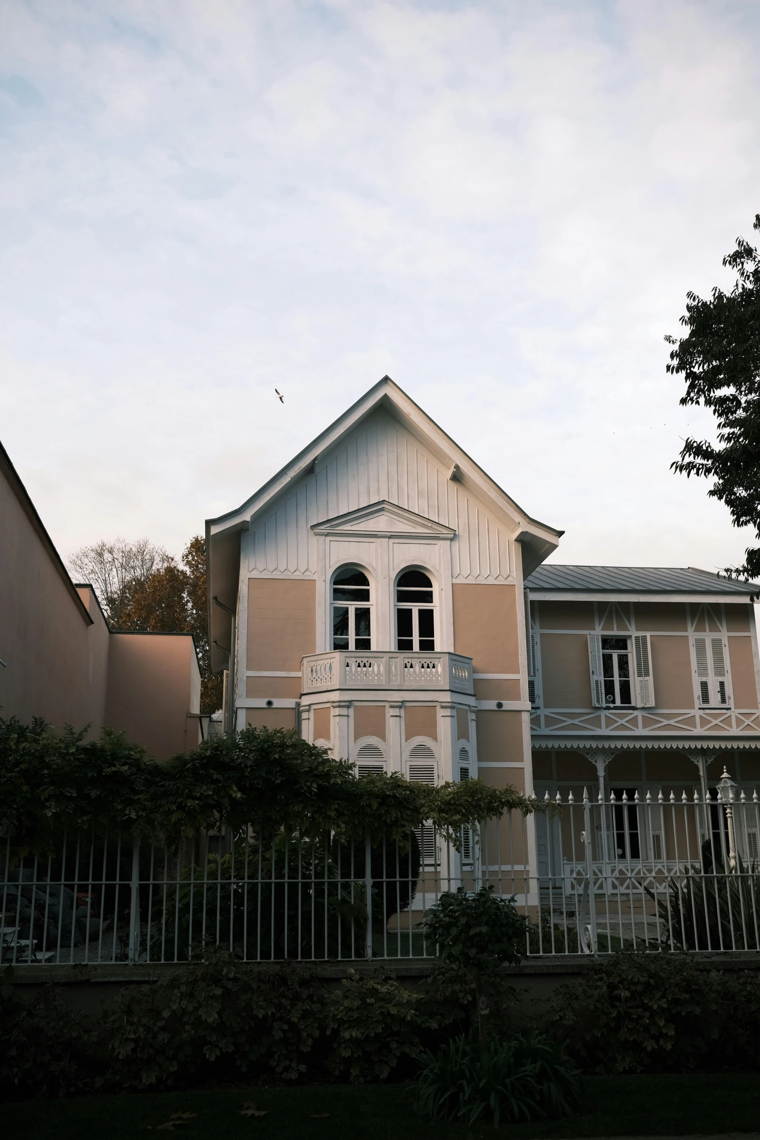 a house with a fence in front of it, inspired by Wilhelm Marstrand, heidelberg school, extremely pale, vallejo, exterior shot, brown