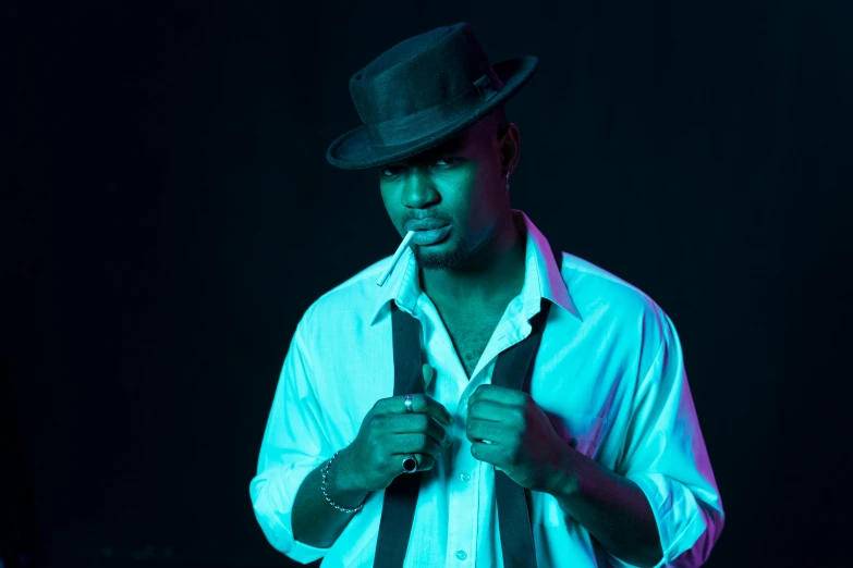 a man in a white shirt and black tie, an album cover, inspired by Theo Constanté, pexels, figuration libre, he is wearing a hat, neon noire, modeling shoot, flashing lights