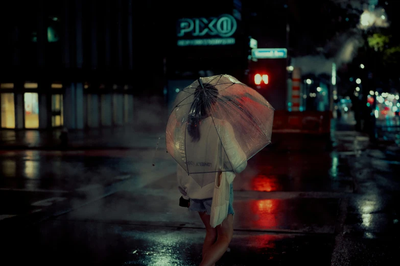 a woman walking in the rain with an umbrella, a picture, inspired by Elsa Bleda, pexels contest winner, hyperrealism, 8 0 s asian neon movie still, todd hido, nightlife, ( ( cyberpunk ) )