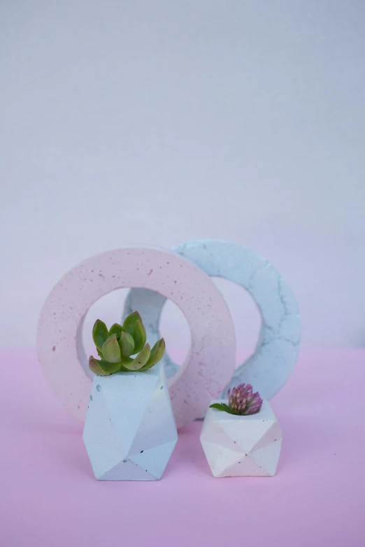 a couple of planters sitting on top of a table, a marble sculpture, inspired by jeonseok lee, trending on unsplash, concrete art, pink frosted donut, singularity sculpted �ー etsy, origami studio 3 design, pastel