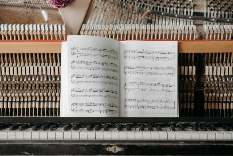 an open book sitting on top of a piano, made of notation, flatlay book collection, thumbnail, orchestra