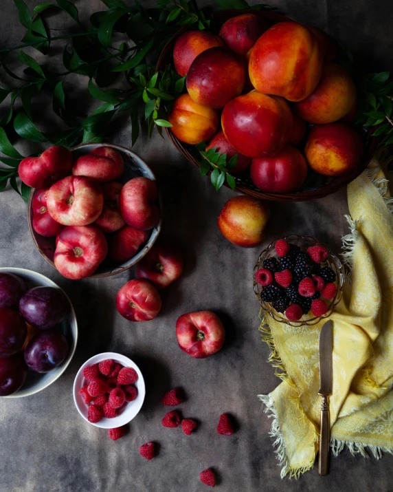 a table topped with bowls of fruit and a knife, inspired by Andrea del Sarto, trending on unsplash, raspberry, apples, high quality product image”, portrait shot