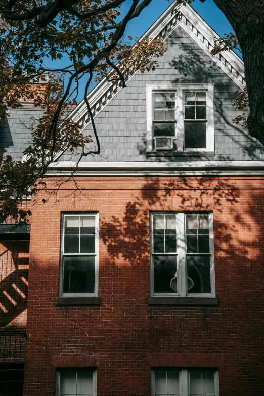 a brown fire hydrant sitting in front of a red brick building, a photo, by Carey Morris, pexels contest winner, arts and crafts movement, sunny bay window, massive trees with warm windows, gambrel roof building, ignant