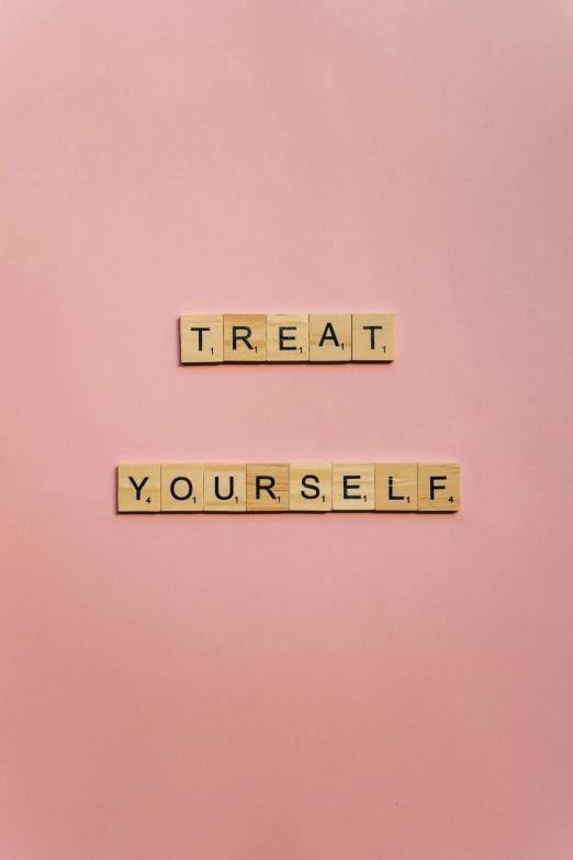 a pink refrigerator with scrabbles spelling treat yourself, an album cover, inspired by Tracey Emin, trending on pexels, aestheticism, candy treatments, woman, 64x64, tournament