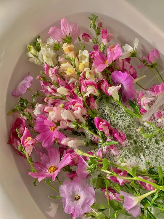 a white bowl filled with pink and white flowers, by Alice Mason, unsplash, process art, bubble bath, lush garden spaceship, medium close up shot, taken on iphone 1 3 pro