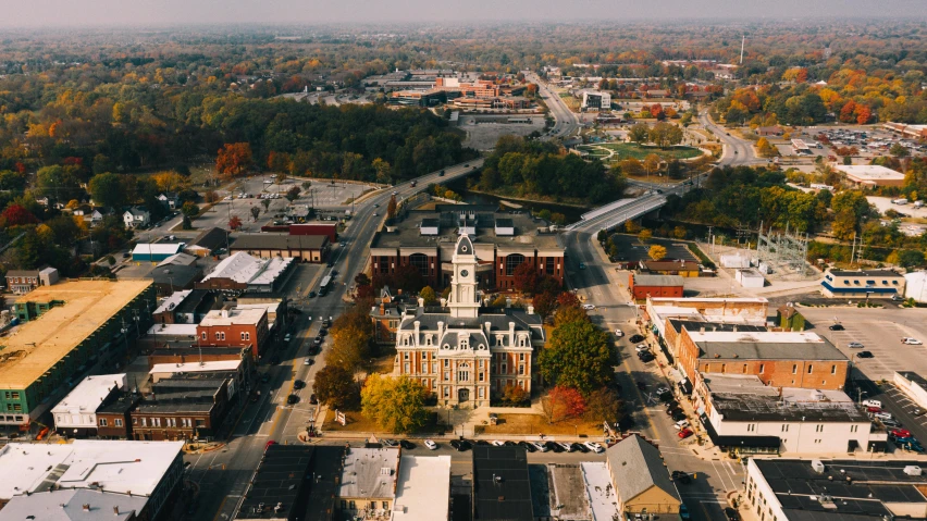 an aerial view of a city in the fall, by Josh Bayer, unsplash contest winner, renaissance, chesterfield, official courthouse, thumbnail, square