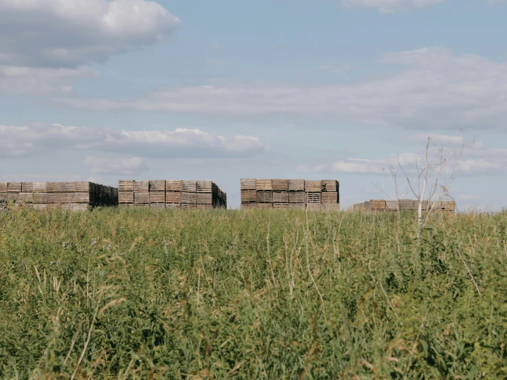 a bunch of hay stacked on top of each other in a field, an album cover, by Attila Meszlenyi, unsplash, land art, wooden crates, ignant, soviet brutalism, boxcar on the railroad