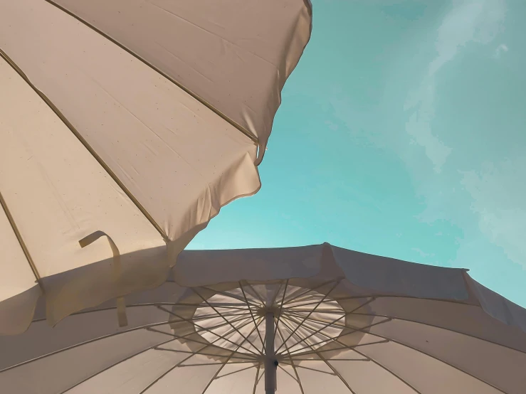 an open umbrella with a blue sky in the background, inspired by William Nicholson, unsplash, light and space, sunbathed skin, canopies, unshaded, in a sun lounger