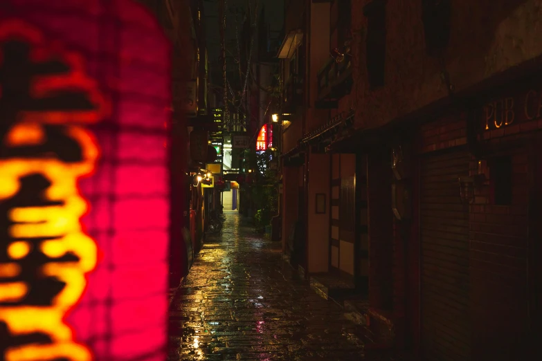 a person walking down a street at night, unsplash contest winner, mingei, chinatown bar, wet streets, shady alleys, ukiyo-style