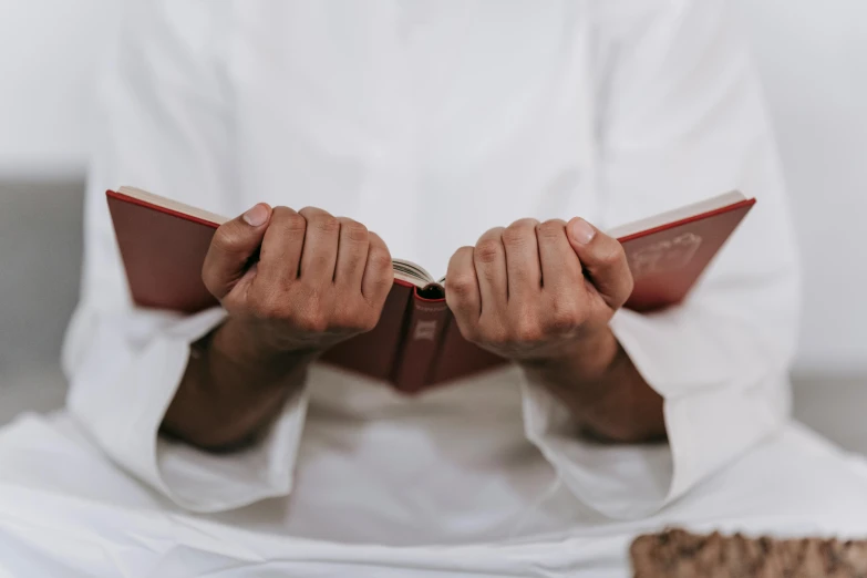 a man sitting on a couch reading a book, hurufiyya, wearing white robes, sleek hands, red brown and white color scheme, holding a wood piece