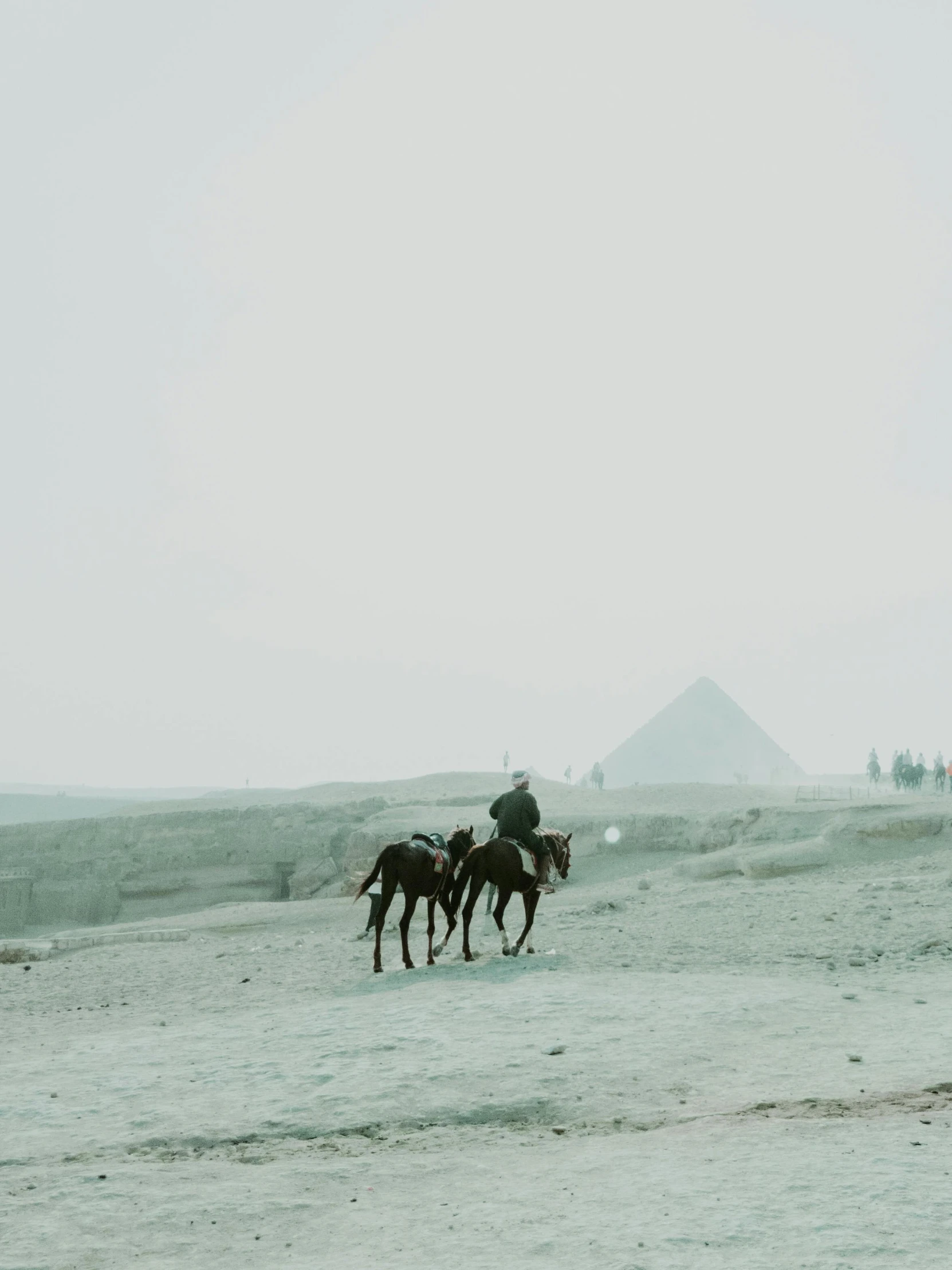 a couple of people riding on the backs of horses, a matte painting, pexels contest winner, in giza, trending on vsco, hazy and misty, 🚿🗝📝