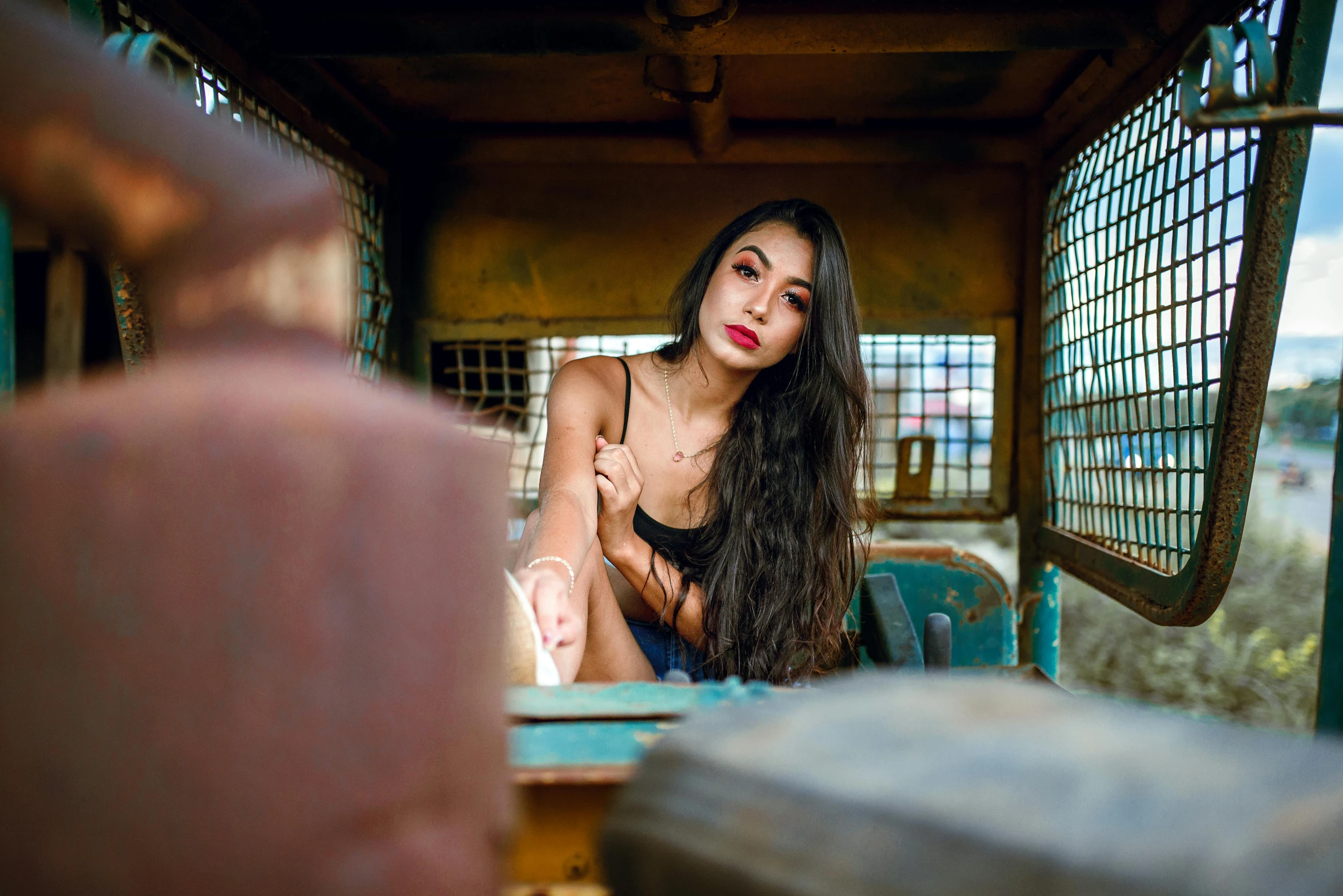 a beautiful young woman sitting on top of a train, a portrait, pexels contest winner, dilapidated look, sitting in her car, sexy :8, asian women